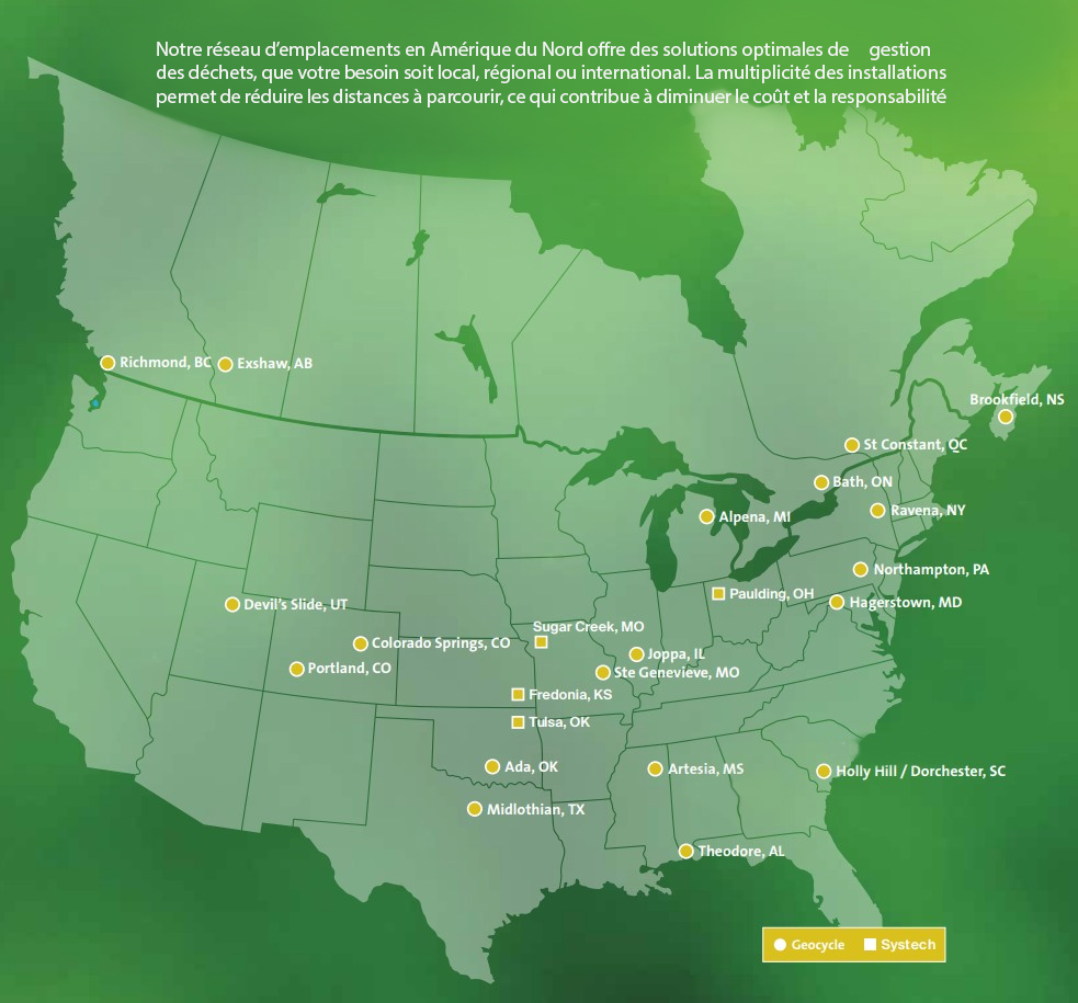 Carte des emplacements Geocycle au Canada